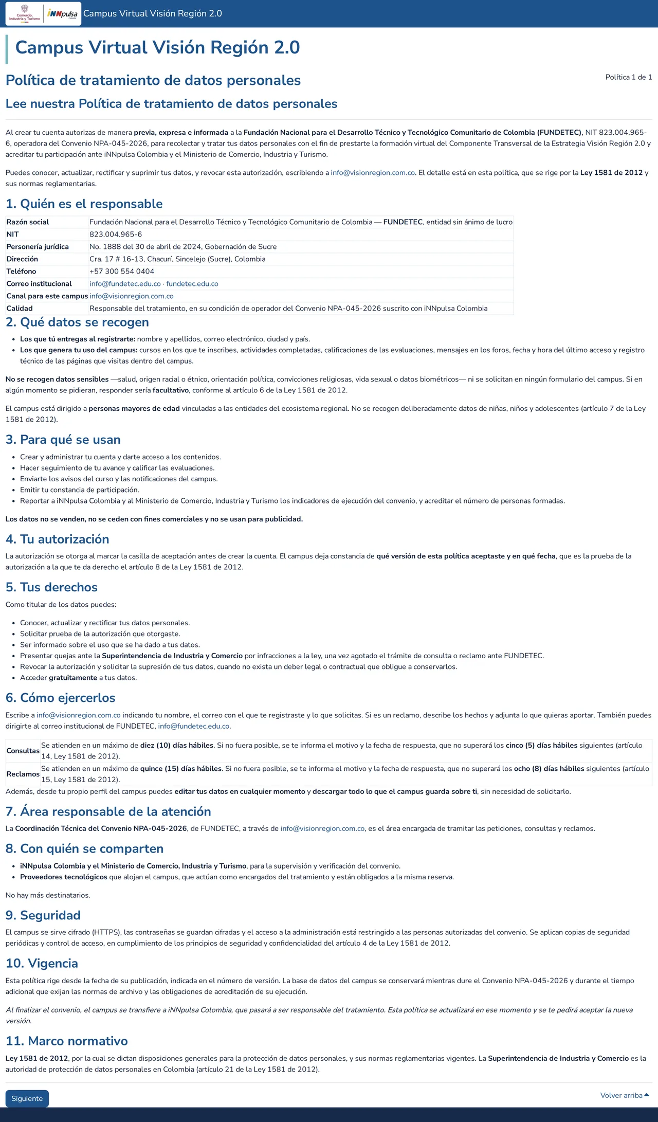 Política de tratamiento de datos, previa al registro