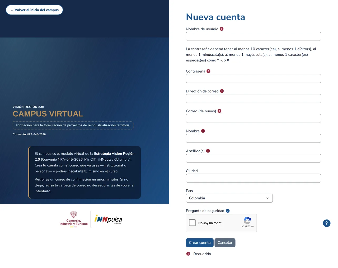 Formulario de creación de cuenta