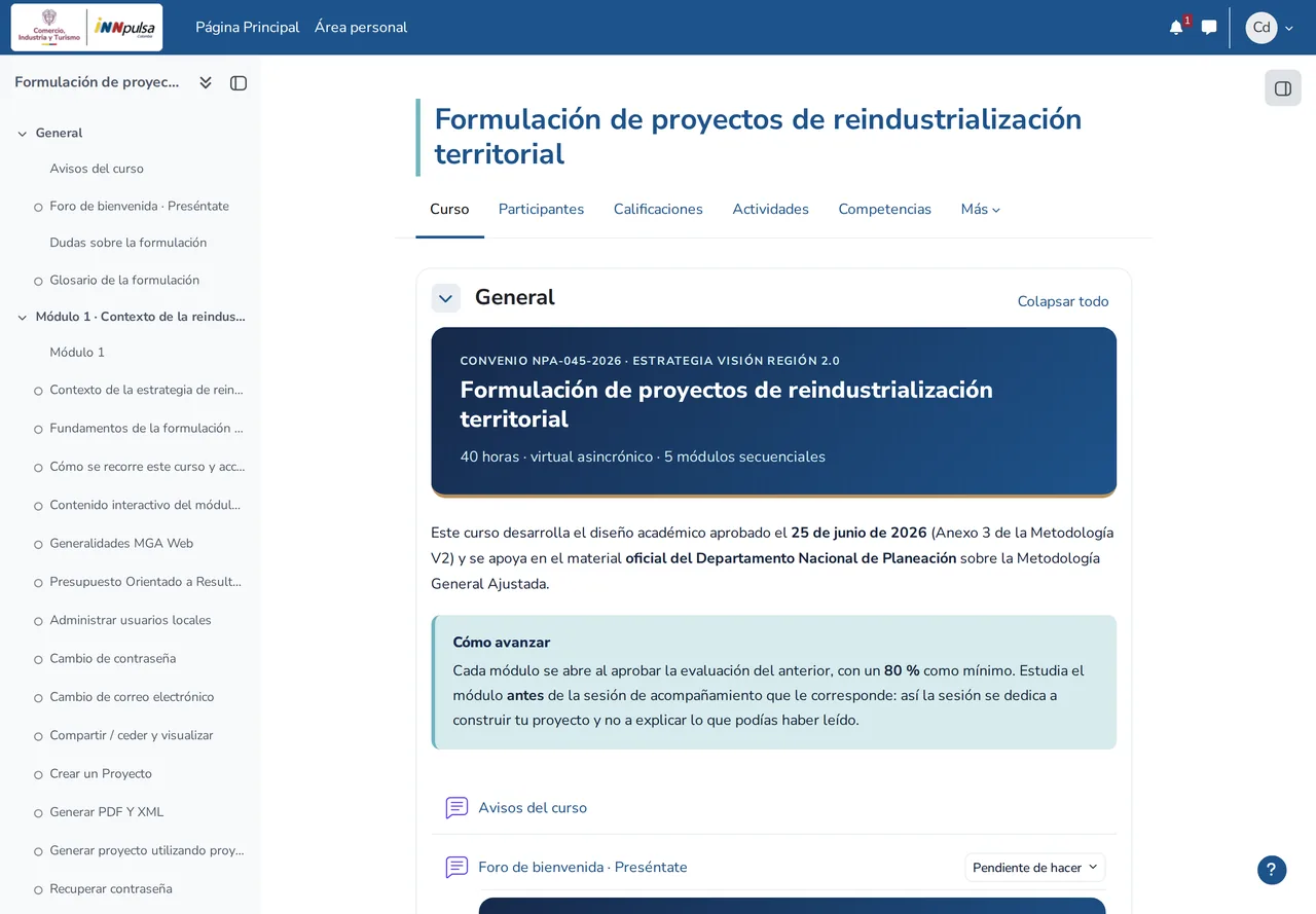 Página de inicio del curso
